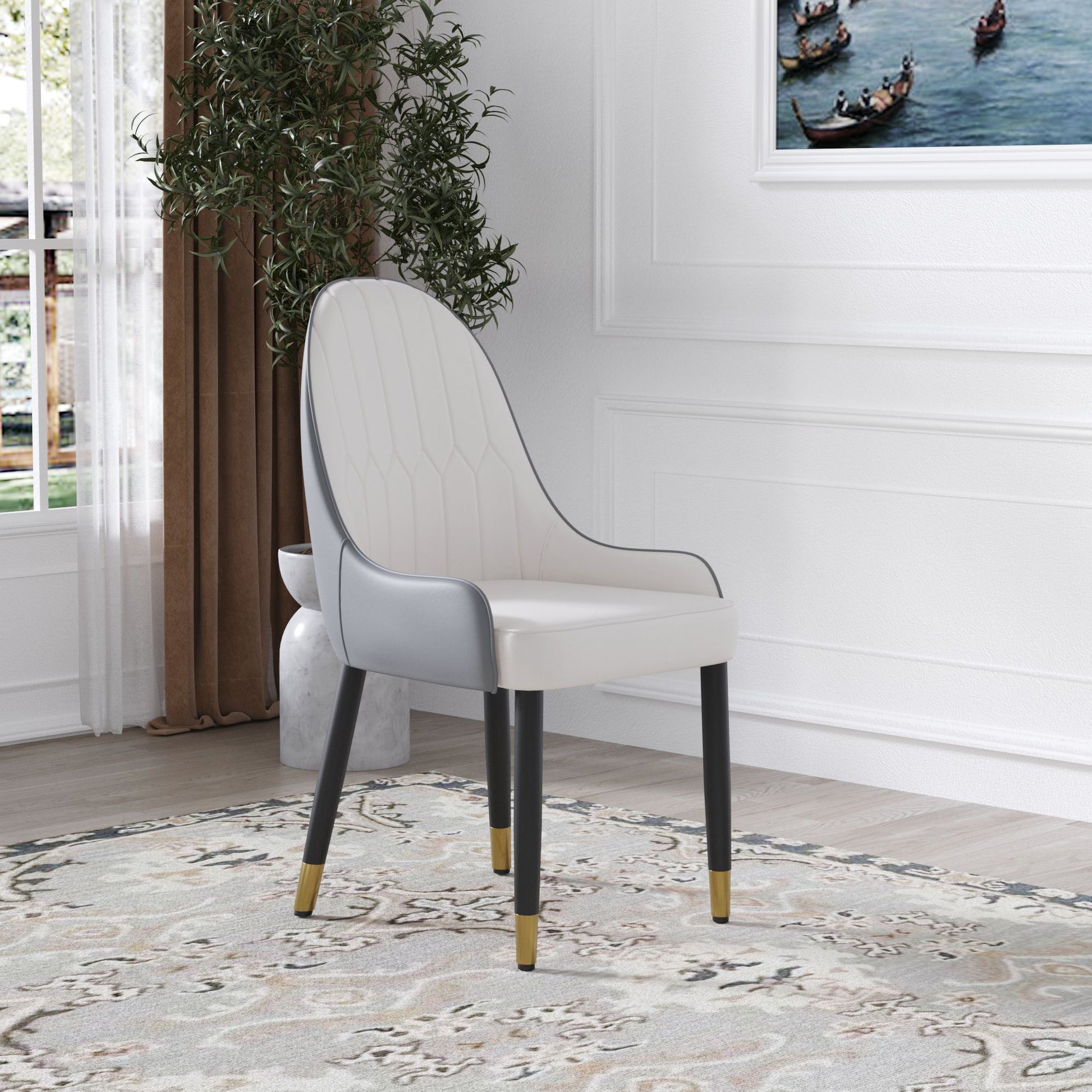 Modern white and gray PU leather dining chairs set of 2