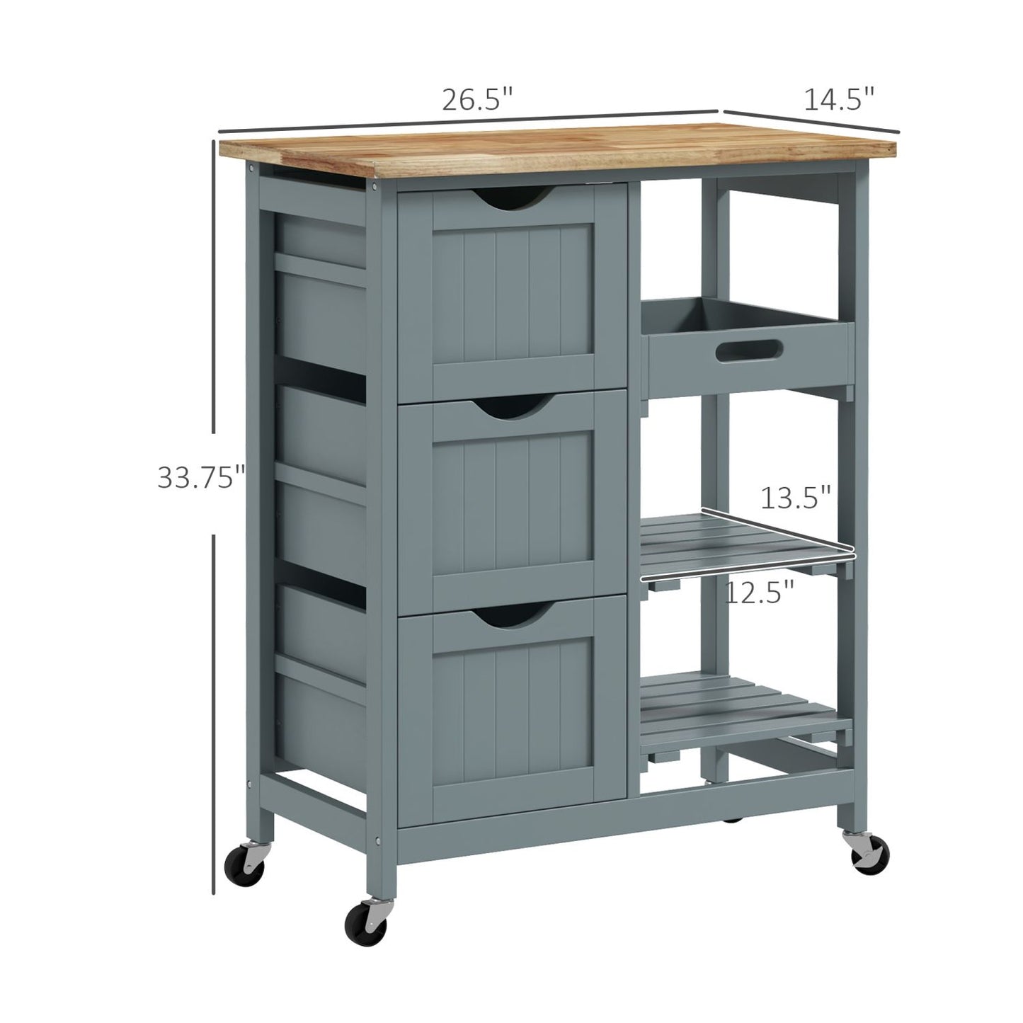 Overall Dimensions: 26.5'' W × 14.5'' D × 33.75'' H
Top Surface Thickness: Standard butcher block rubber wood
Weight Capacity:
Overall: 88 lbs
Each Shelf: 6.6 lbs
Each Drawer: 6.6 lbs