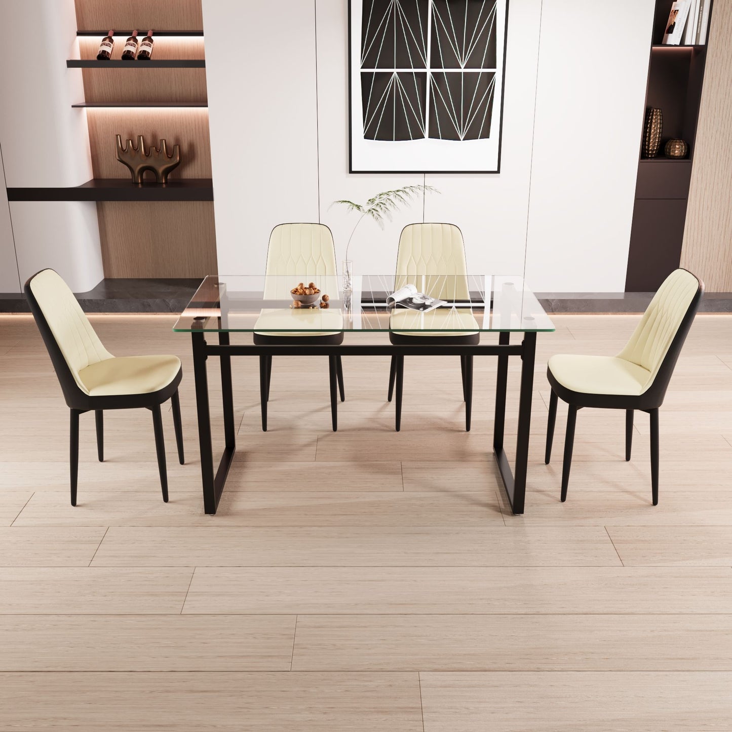 4-person rectangular glass dining table set with black metal legs
