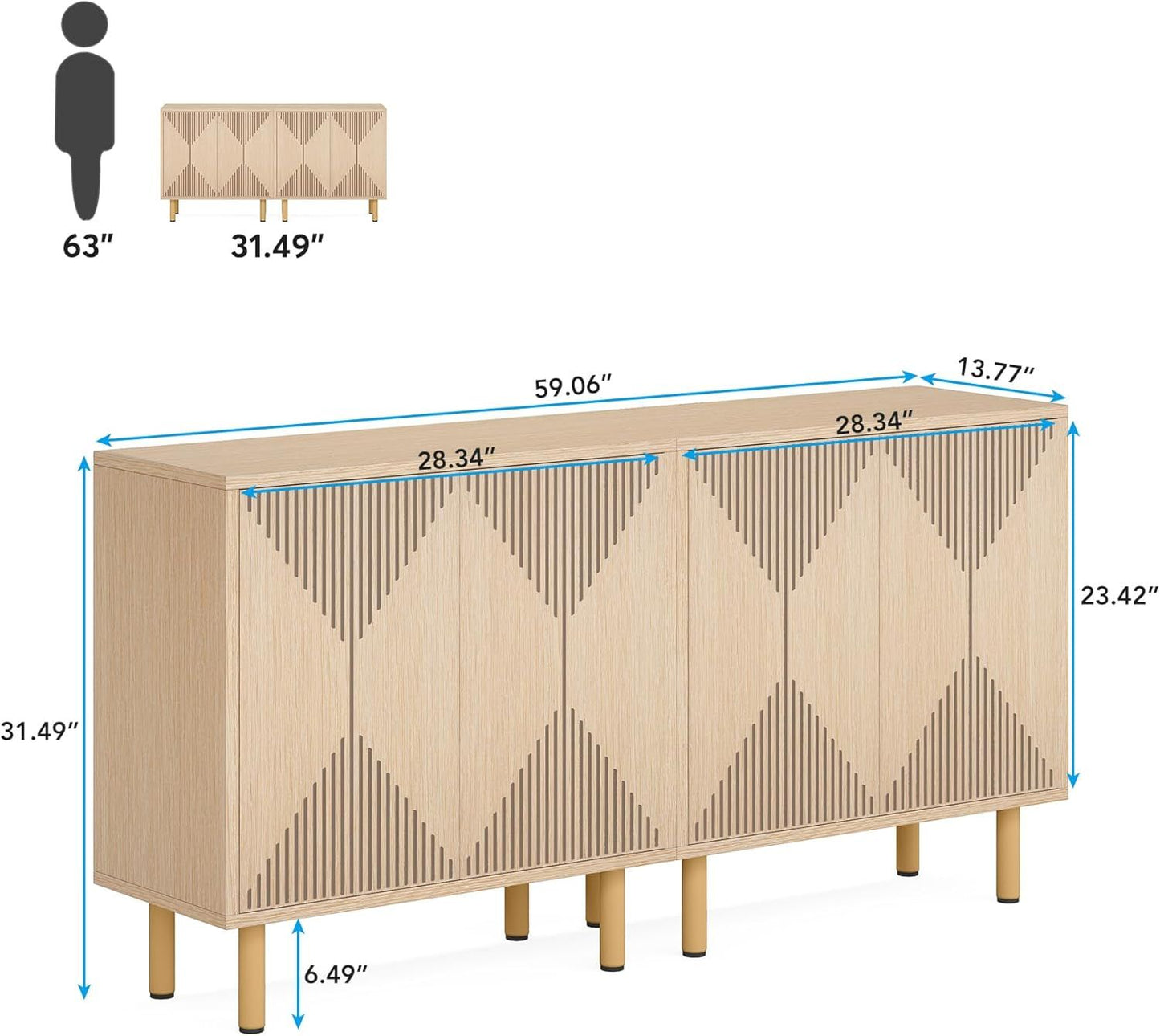 Natural wood freestanding storage sideboard with 4 doors