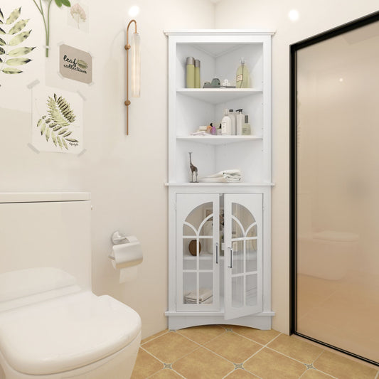 White rustic corner storage cabinet with glass doors and adjustable shelves