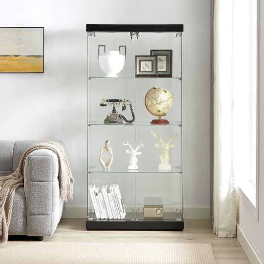 Black 4-tier glass display cabinet with double doors and locks
