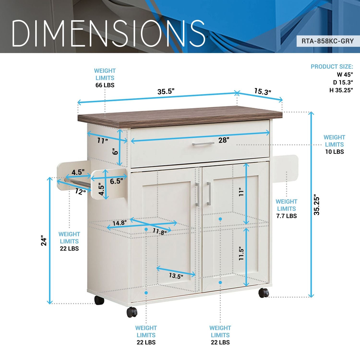 Techni Home deluxe kitchen island cart with water-resistant top
