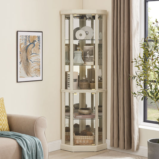 Antique white corner lighted curio cabinet with glass shelves