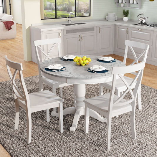 5-piece faux marble dining table set with 4 wooden chairs