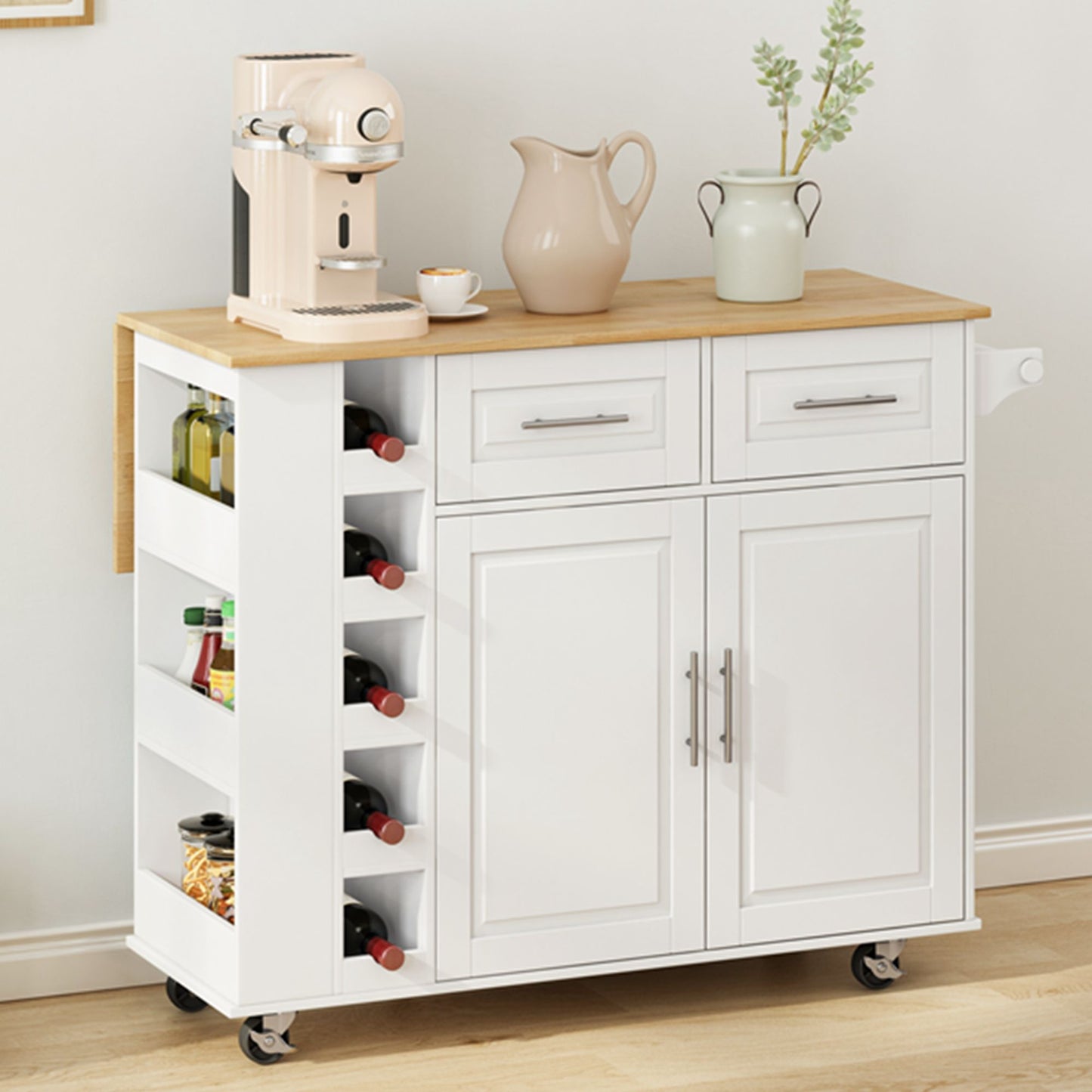 White kitchen island cart with foldable rubberwood countertop