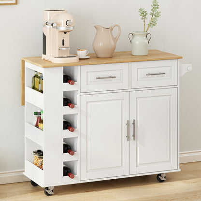 White kitchen island cart with foldable rubberwood countertop