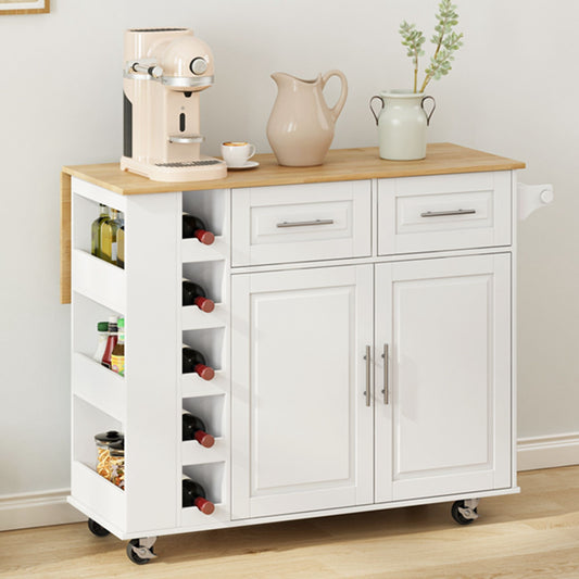 White kitchen island cart with foldable rubberwood countertop