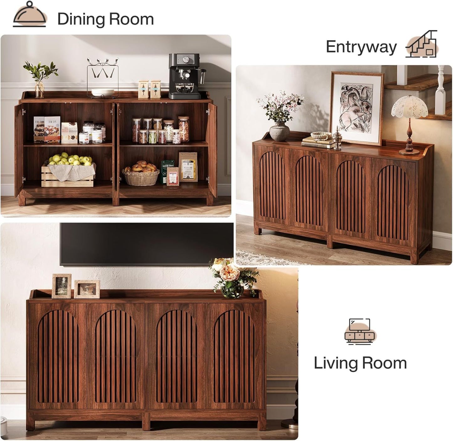 Farmhouse sideboard with arched grille doors and wood finish