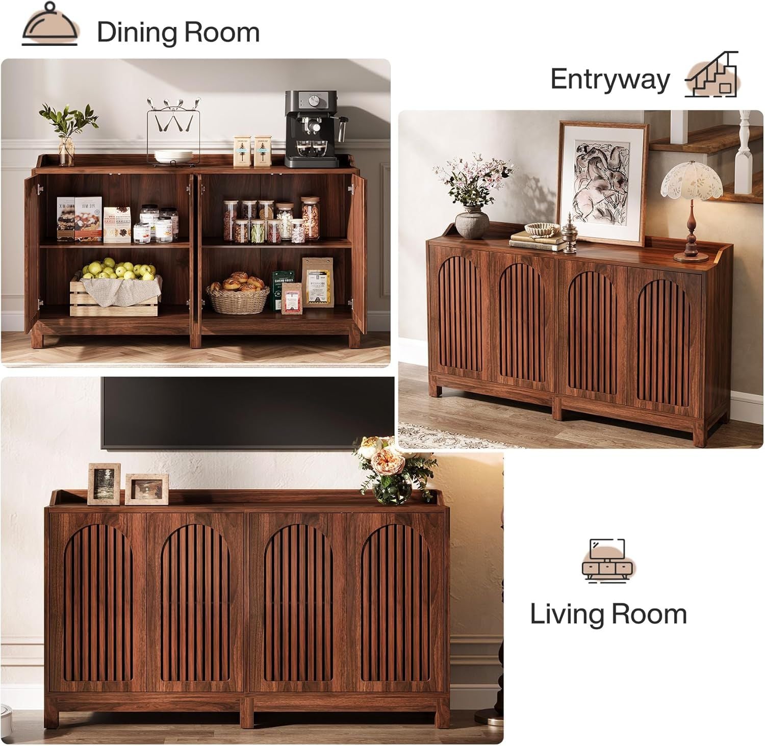 Farmhouse sideboard with arched grille doors and wood finish