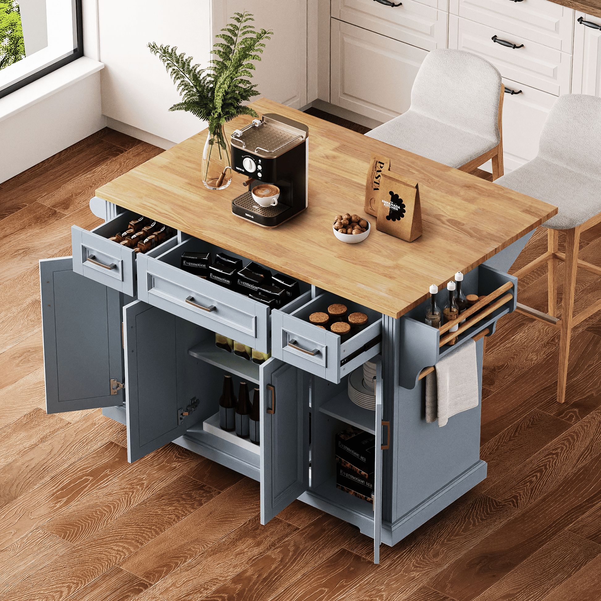 54-inch rustic farmhouse kitchen island with rubber wood drop leaf