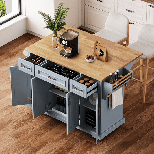 54-inch rustic farmhouse kitchen island with rubber wood drop leaf