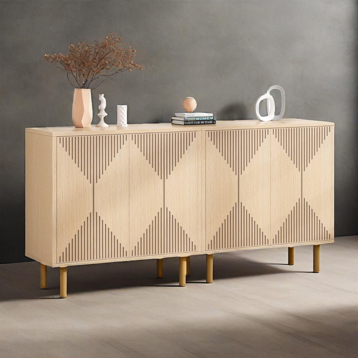 Natural wood freestanding storage sideboard with 4 doors