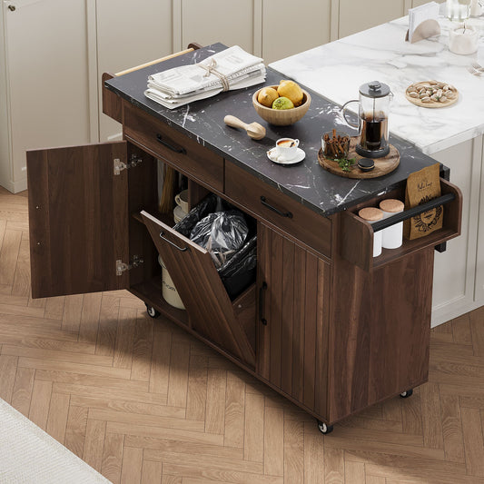 Kitchen island with tilt-out trash can cabinet and drop leaf countertop