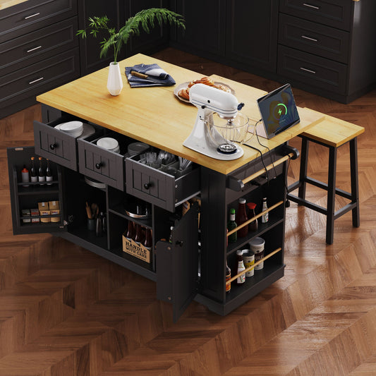 53-inch large rolling kitchen island with drop leaf and power outlet
