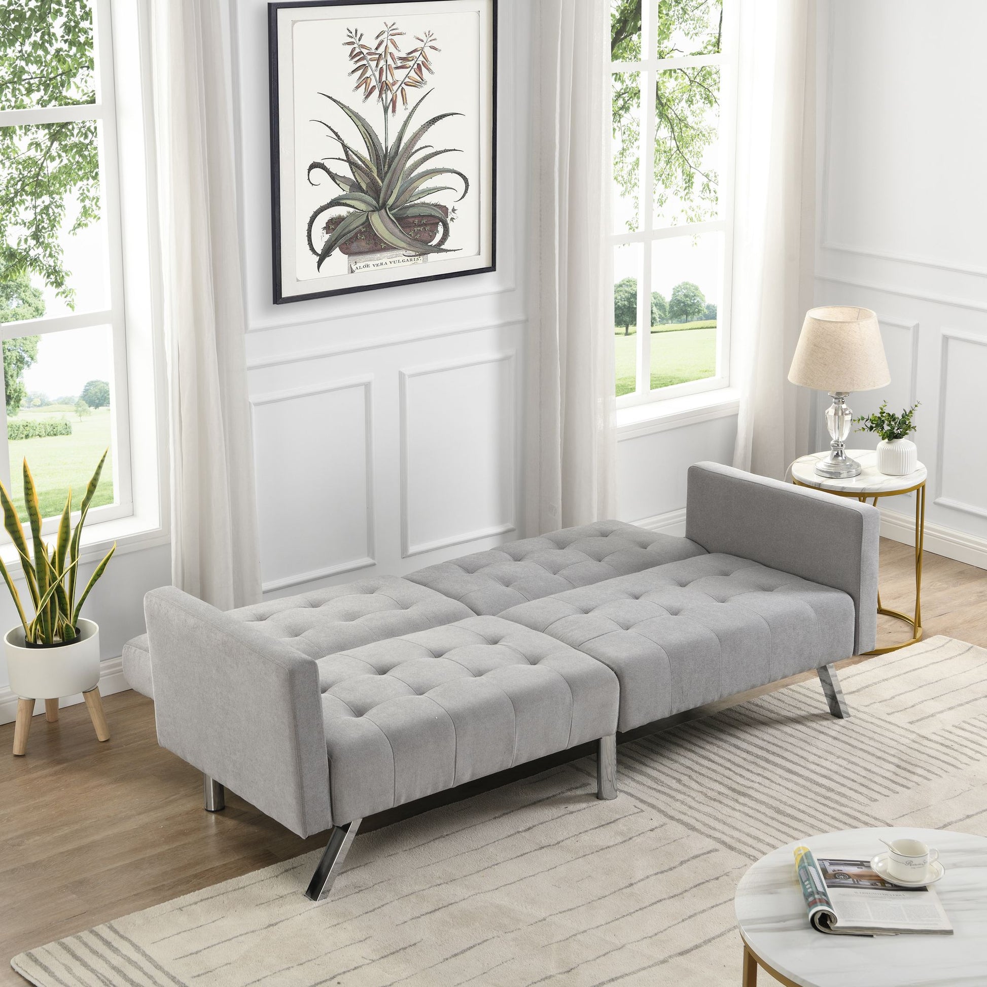 Light grey modern convertible sofa bed with split back design