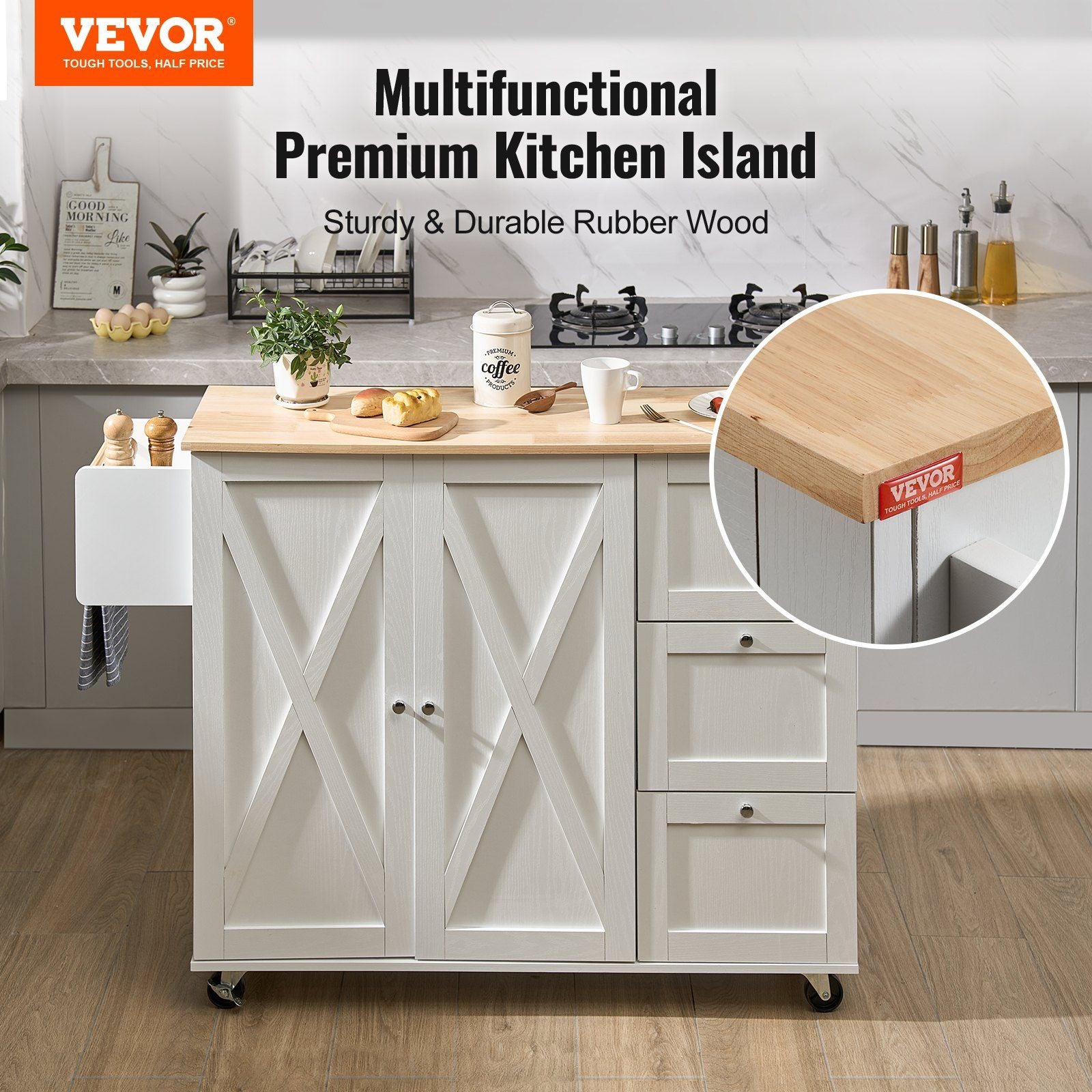 White kitchen island cart with solid wood top and drop leaf extension