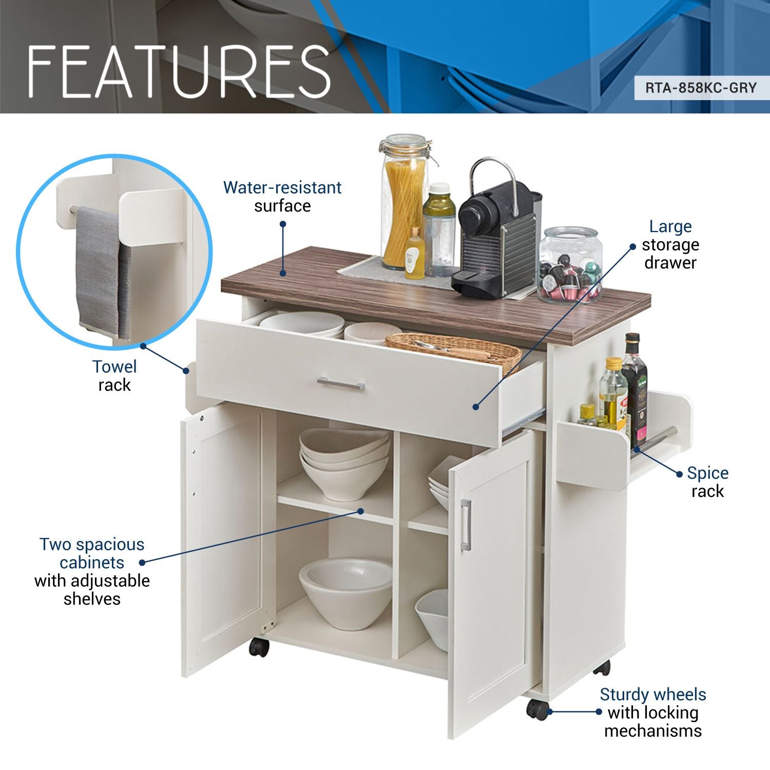 Techni Home deluxe kitchen island cart with water-resistant top