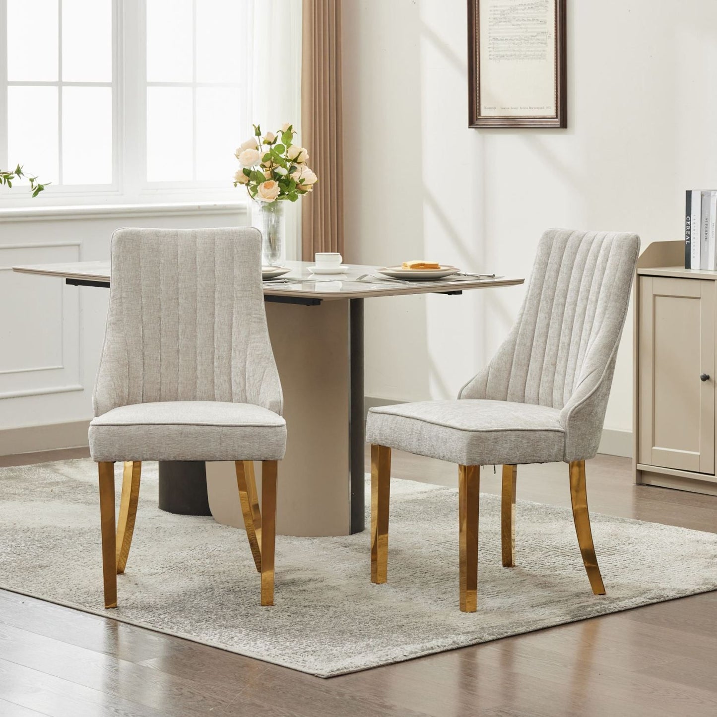 Modern upholstered dining chair with gold stainless legs