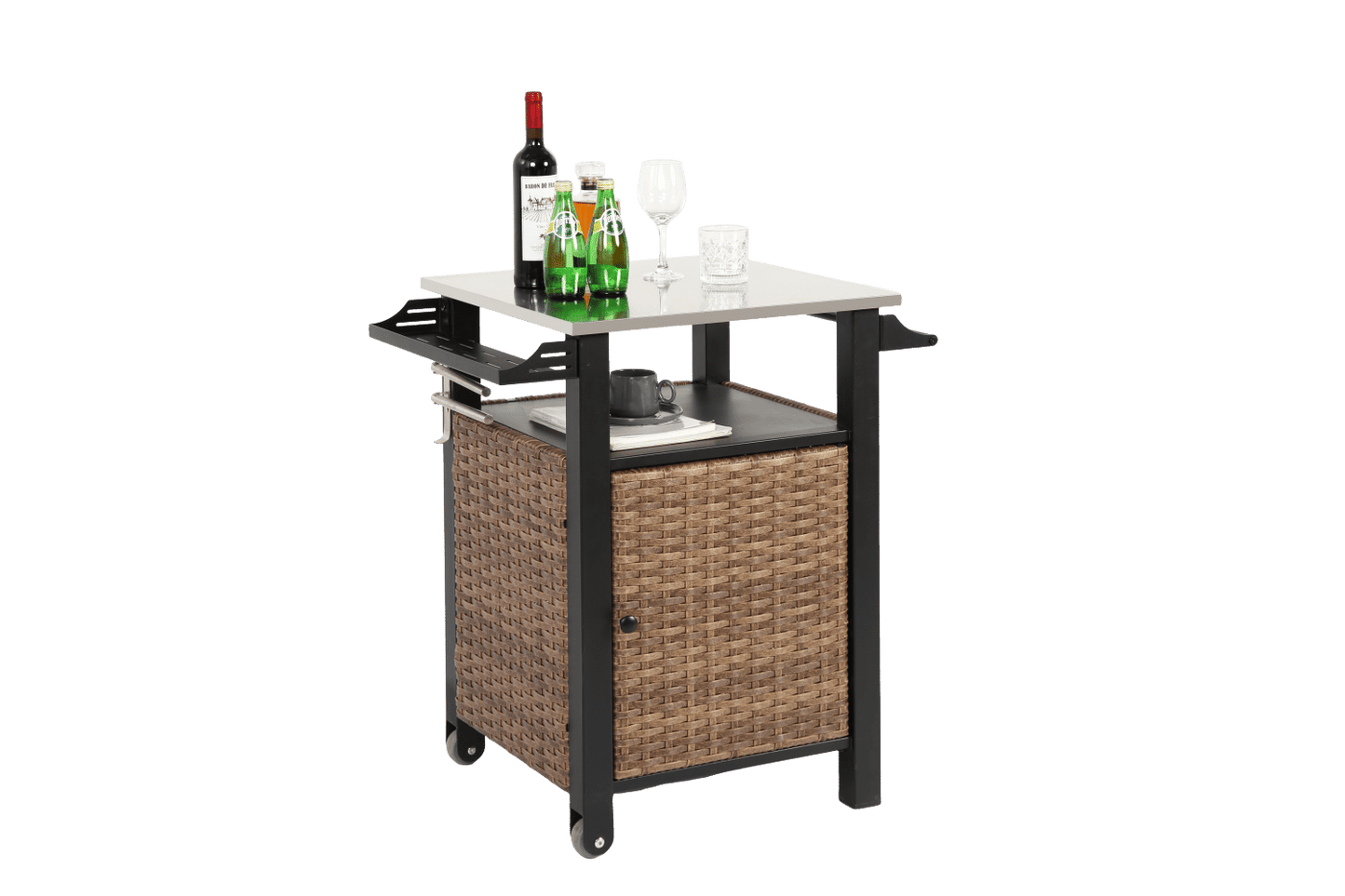 Brown wicker outdoor bar cart with stainless steel tabletop