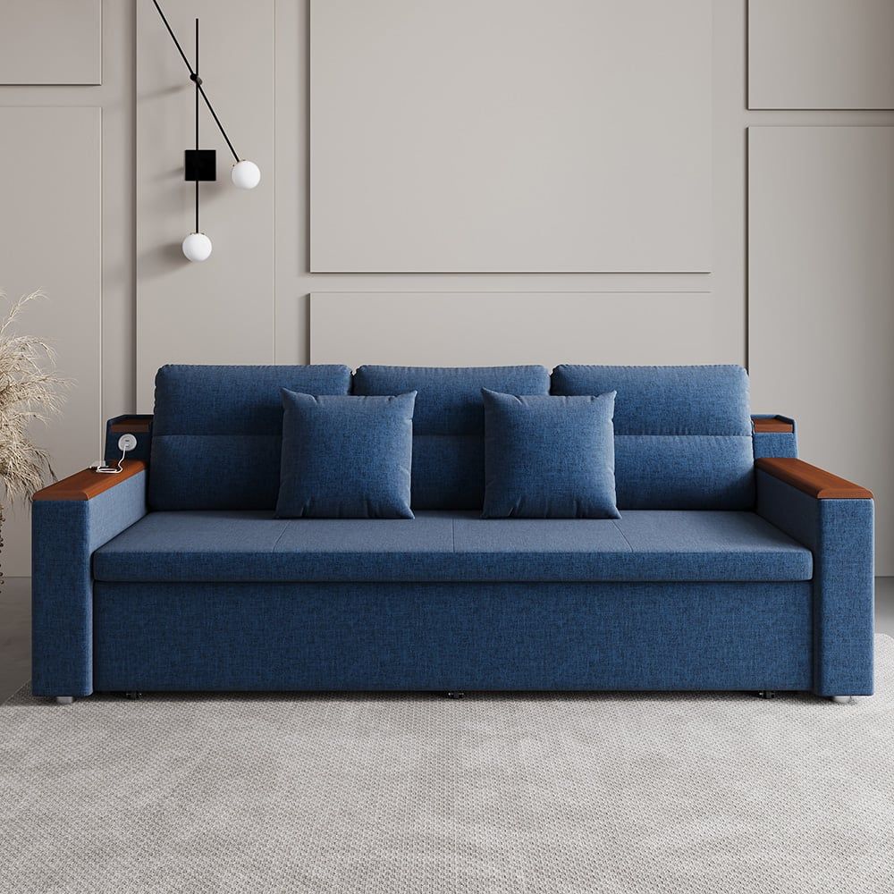 83" blue linen sleeper sofa bed with USB port and storage drawers