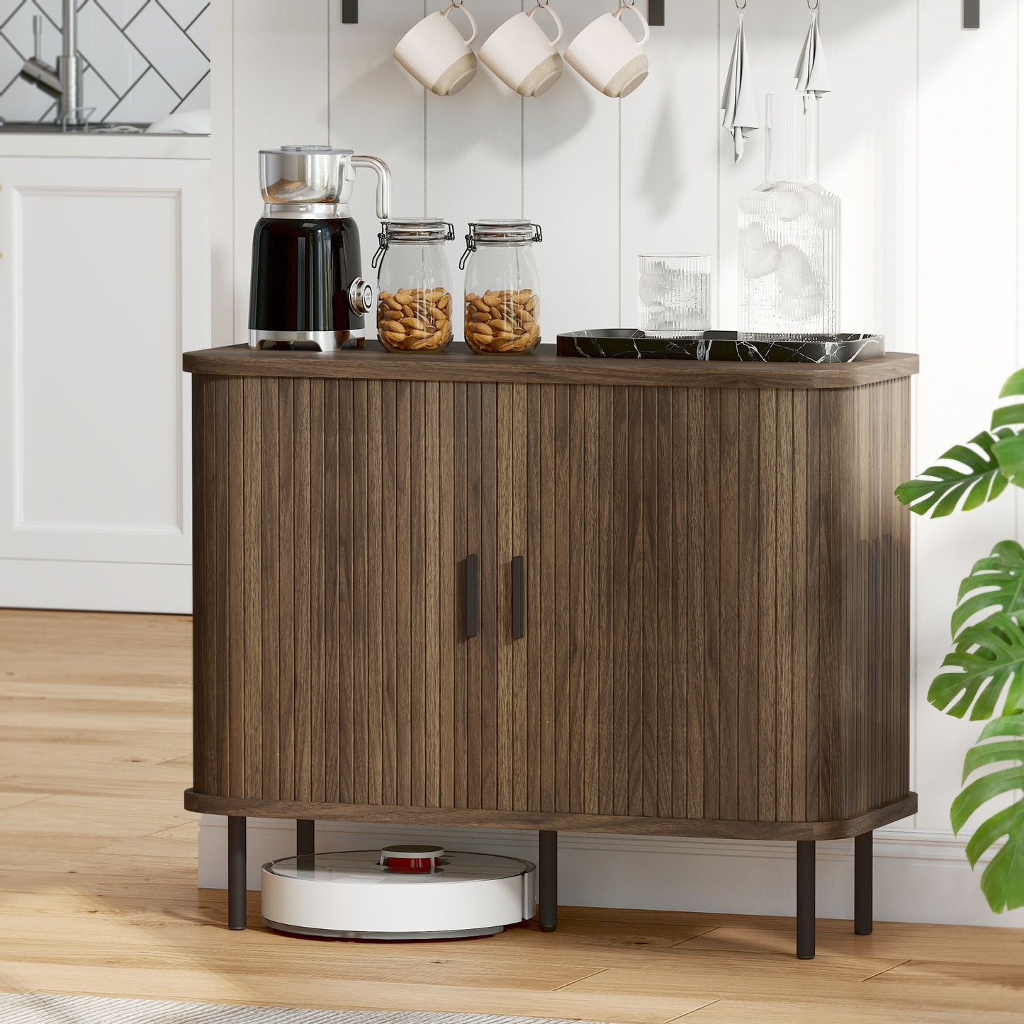 Nordic walnut sideboard buffet cabinet with tambour doors