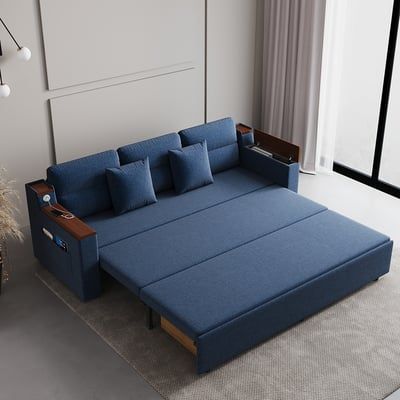 83" blue linen sleeper sofa bed with USB port and storage drawers