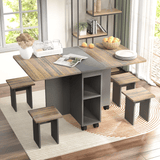 Folding extendable dining table set with 4 chairs in rustic brown and gray finish