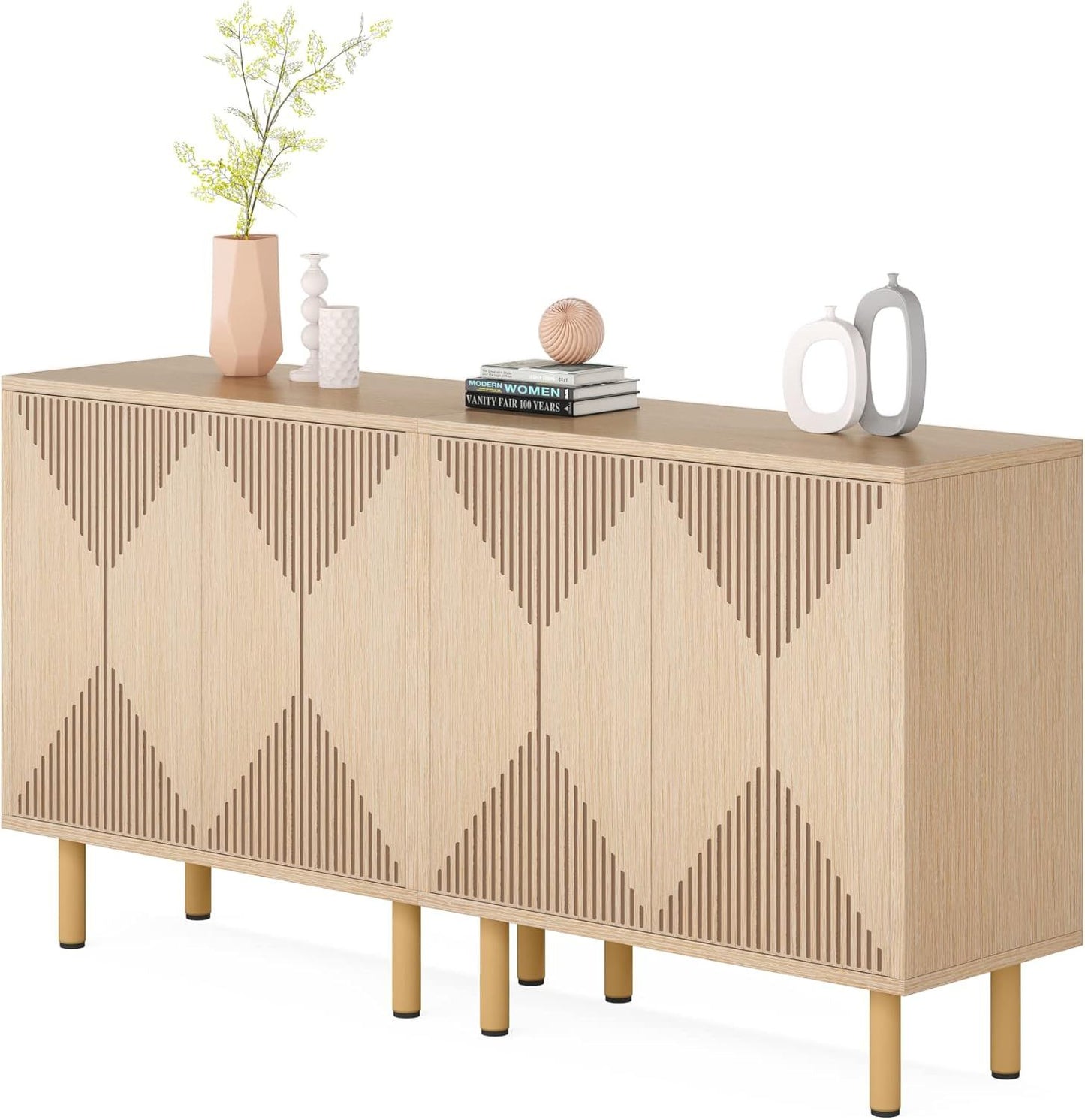 Natural wood freestanding storage sideboard with 4 doors