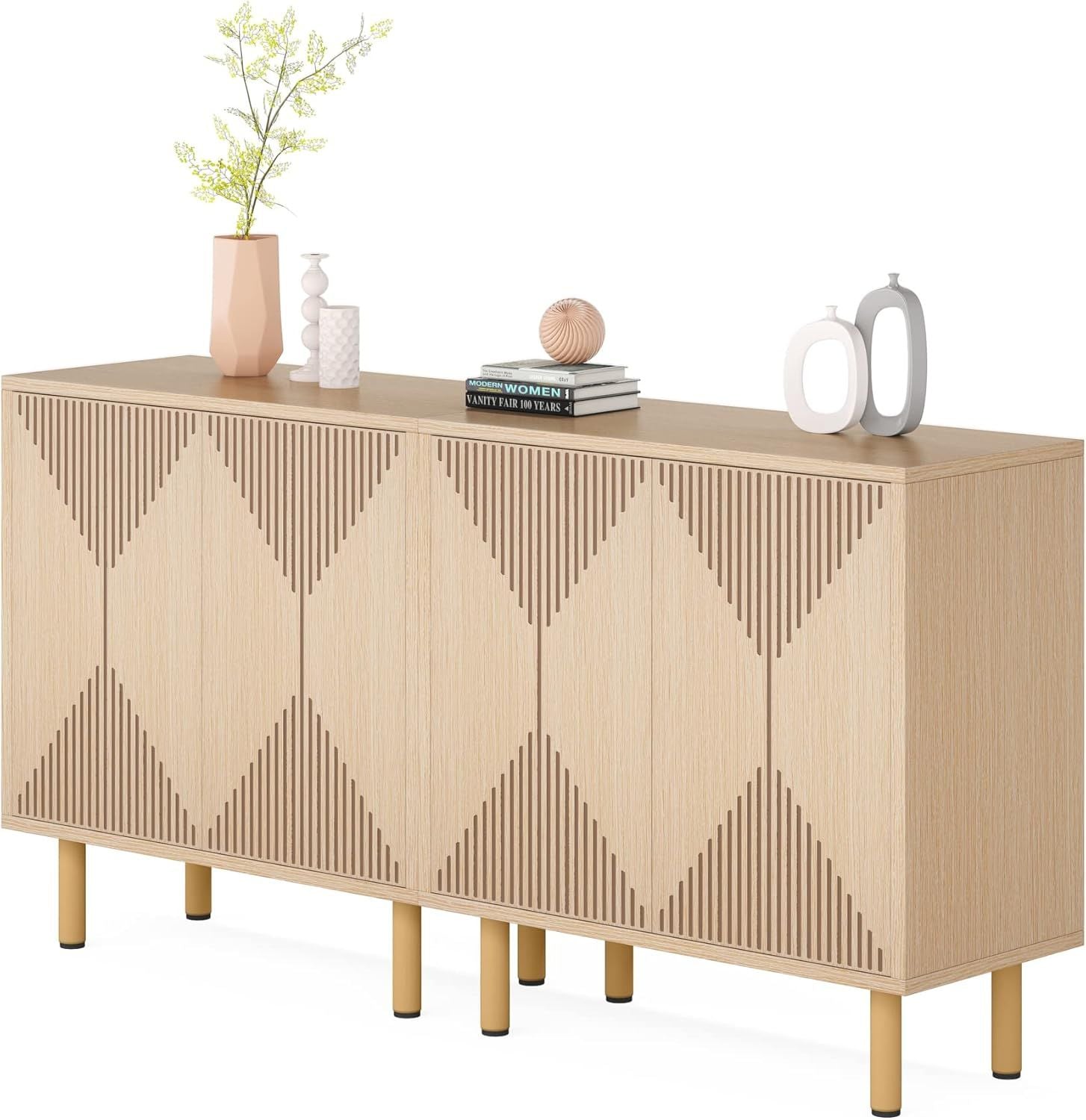 Natural wood freestanding storage sideboard with 4 doors