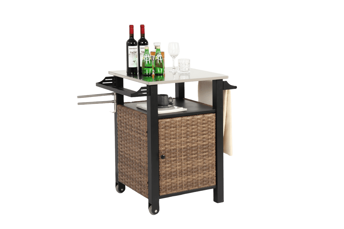 Brown wicker outdoor bar cart with stainless steel tabletop