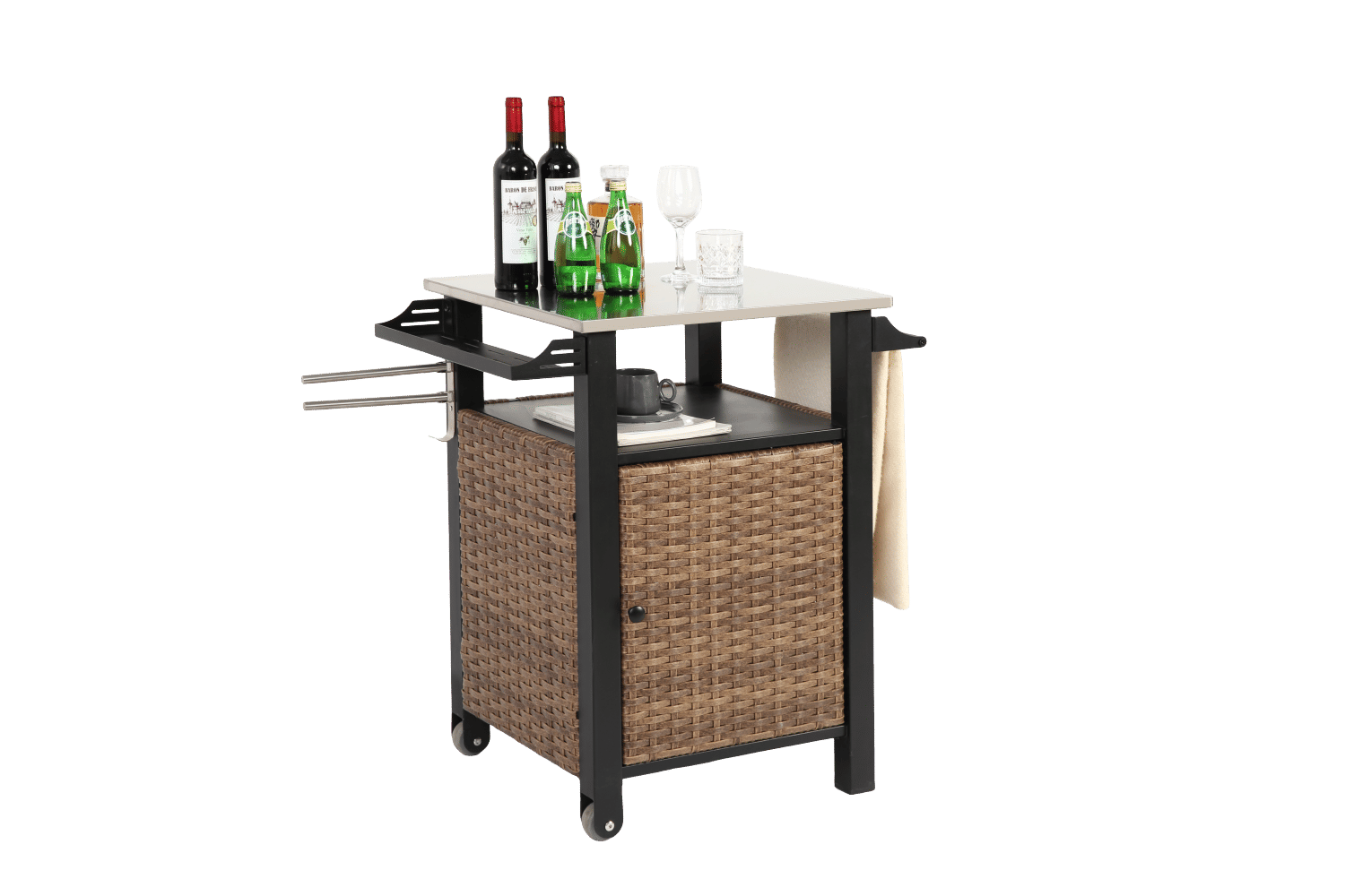Brown wicker outdoor bar cart with stainless steel tabletop