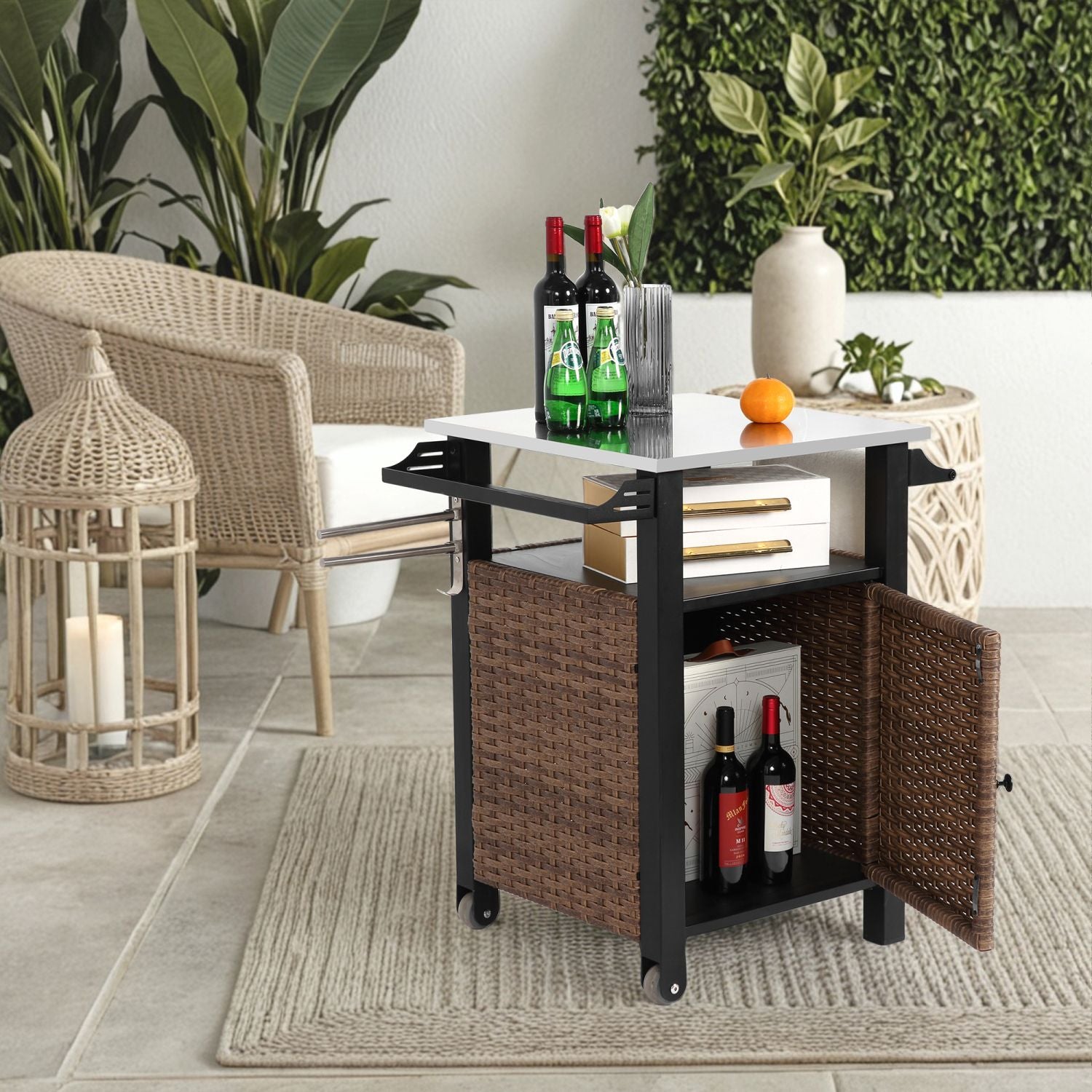 Brown wicker outdoor bar cart with stainless steel tabletop