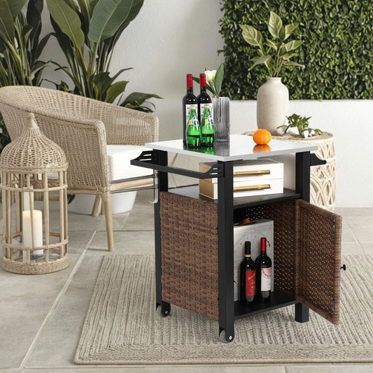 Brown wicker outdoor bar cart with stainless steel tabletop