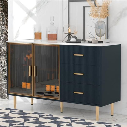 Modern navy blue buffet cabinet with marble top