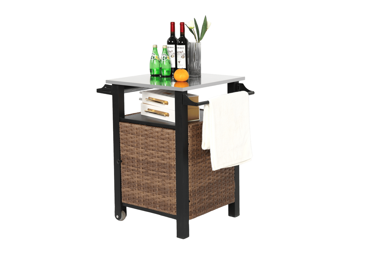 Brown wicker outdoor bar cart with stainless steel tabletop