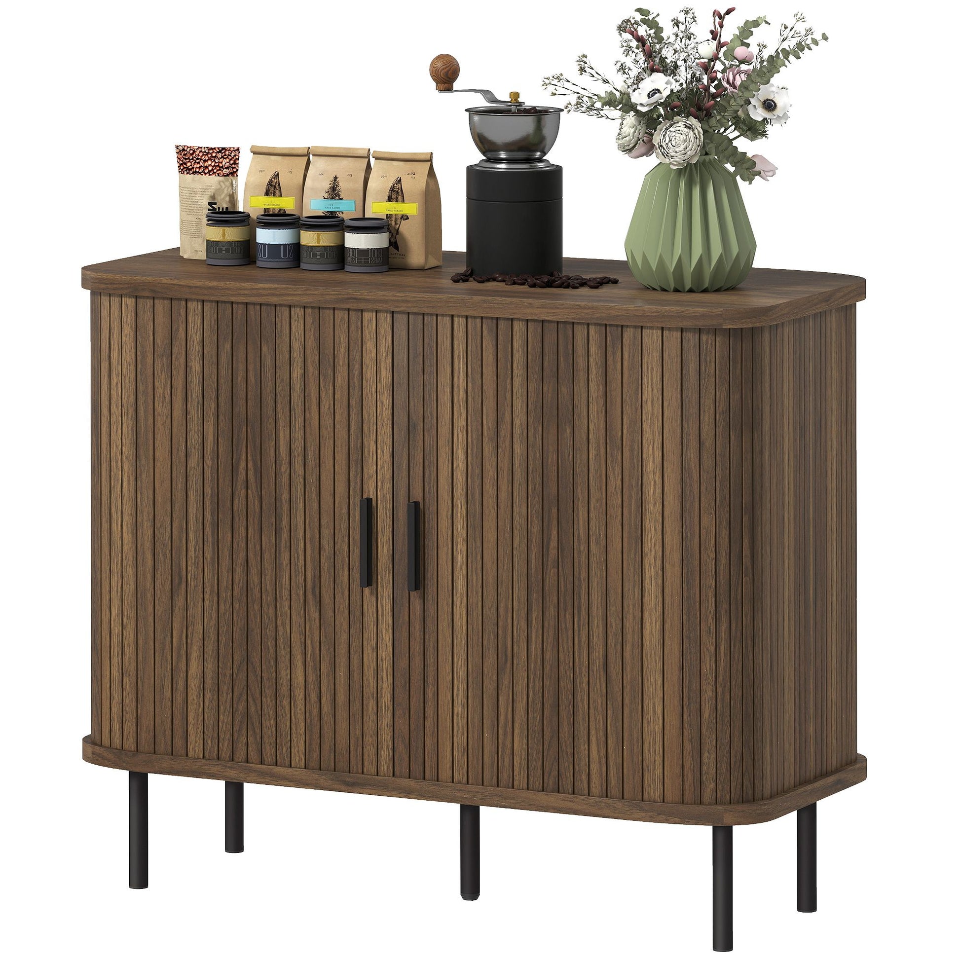 Nordic walnut sideboard buffet cabinet with tambour doors
