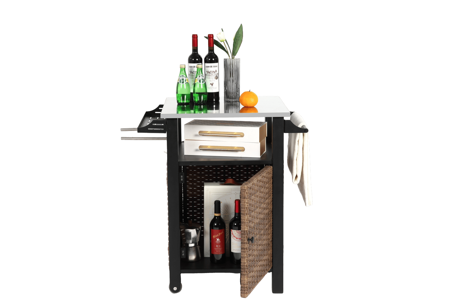 Brown wicker outdoor bar cart with stainless steel tabletop