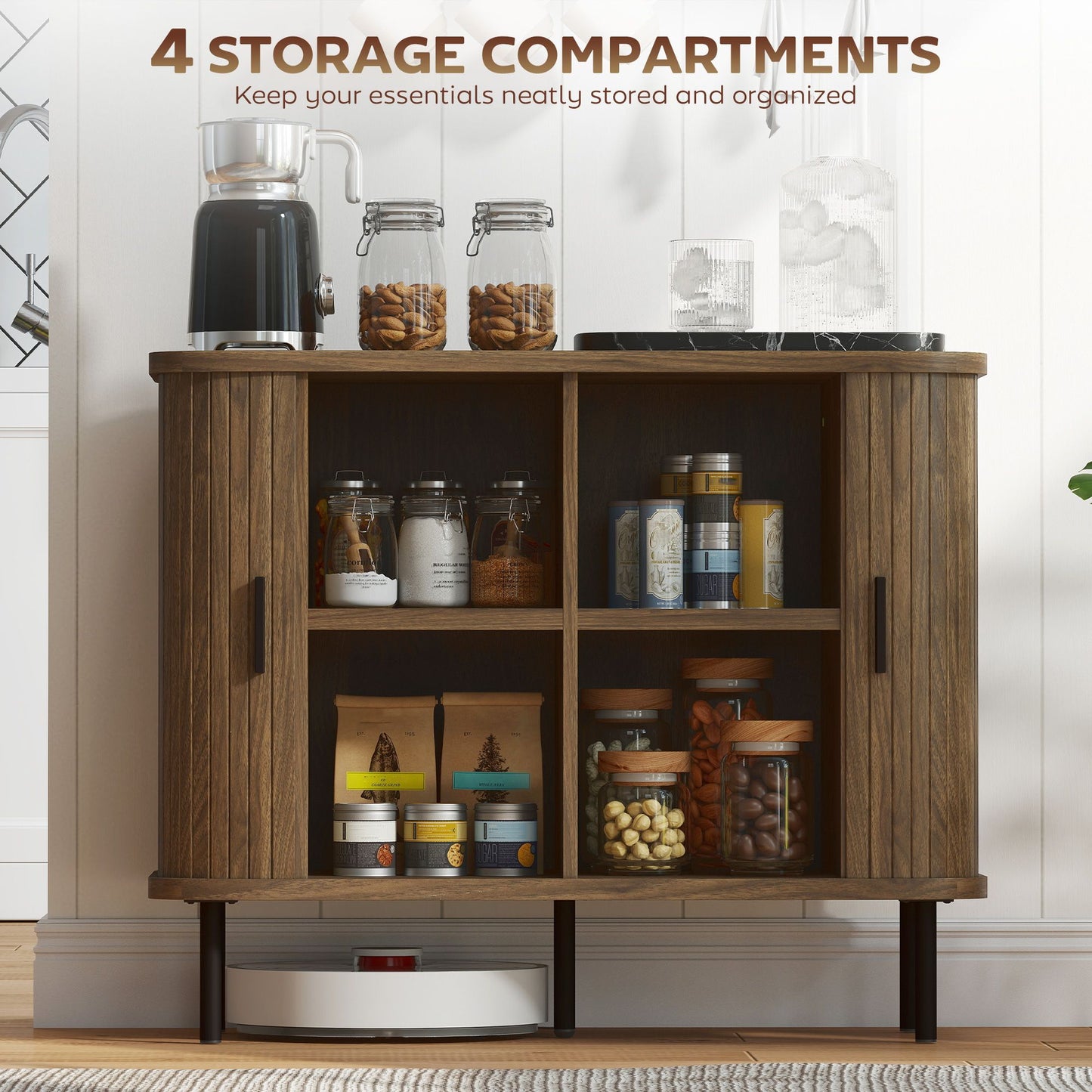 Nordic walnut sideboard buffet cabinet with tambour doors