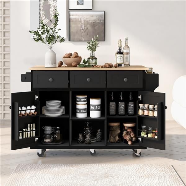 Black kitchen island cart with wooden drop-leaf countertop