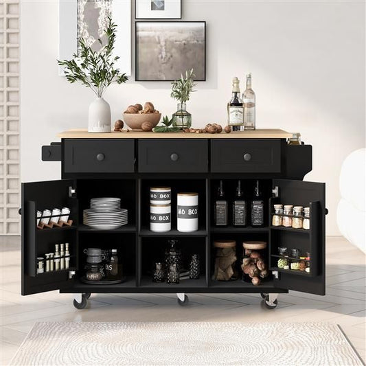 Black kitchen island cart with wooden drop-leaf countertop