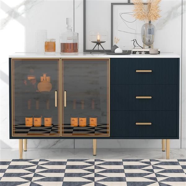 Modern navy blue buffet cabinet with marble top