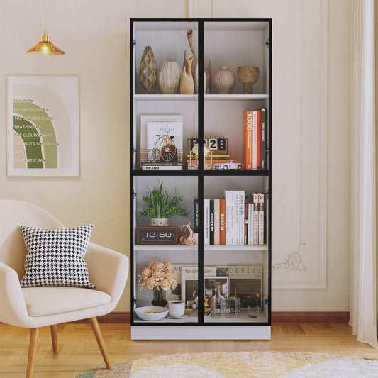 Modern tall glass door display cabinet with 4-tier storage shelves