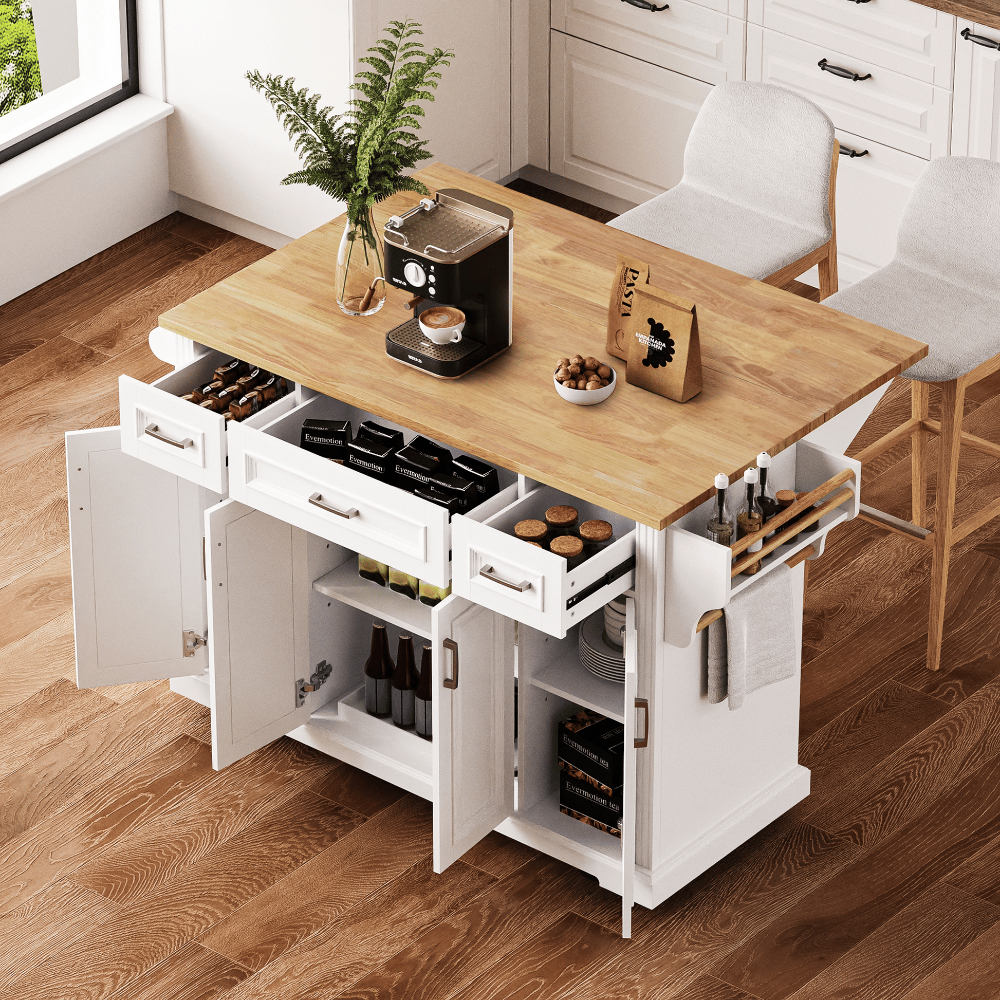 54-inch rustic farmhouse kitchen island with rubber wood drop leaf