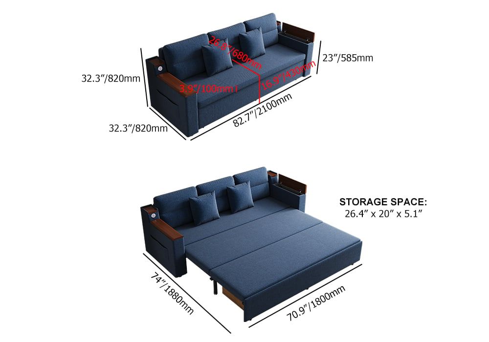 83" blue linen sleeper sofa bed with USB port and storage drawers