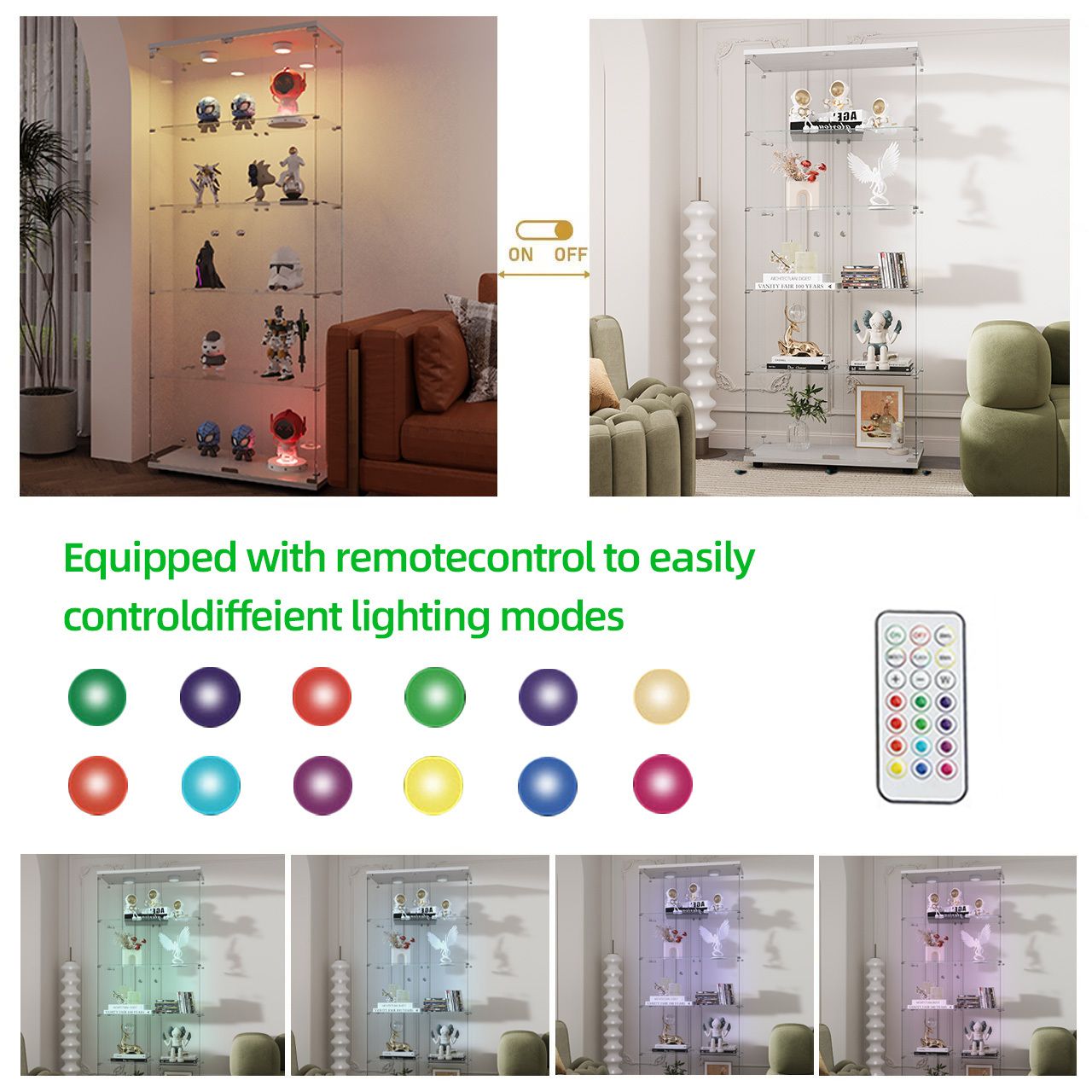 White tempered glass display cabinet with LED lights