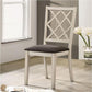 Antique white dining chairs with gray cushioned seat