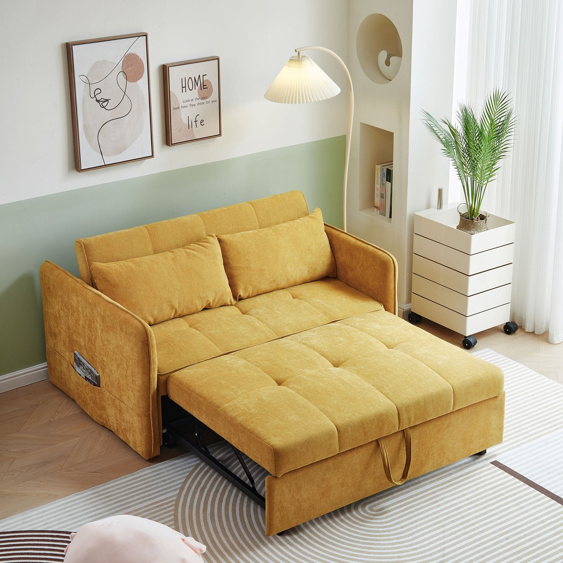 Chenille Fabric Pull-Out Sleeper Loveseat Sofa in Yellow
