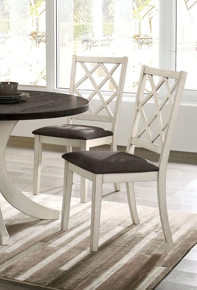 Antique white dining chairs with gray cushioned seat