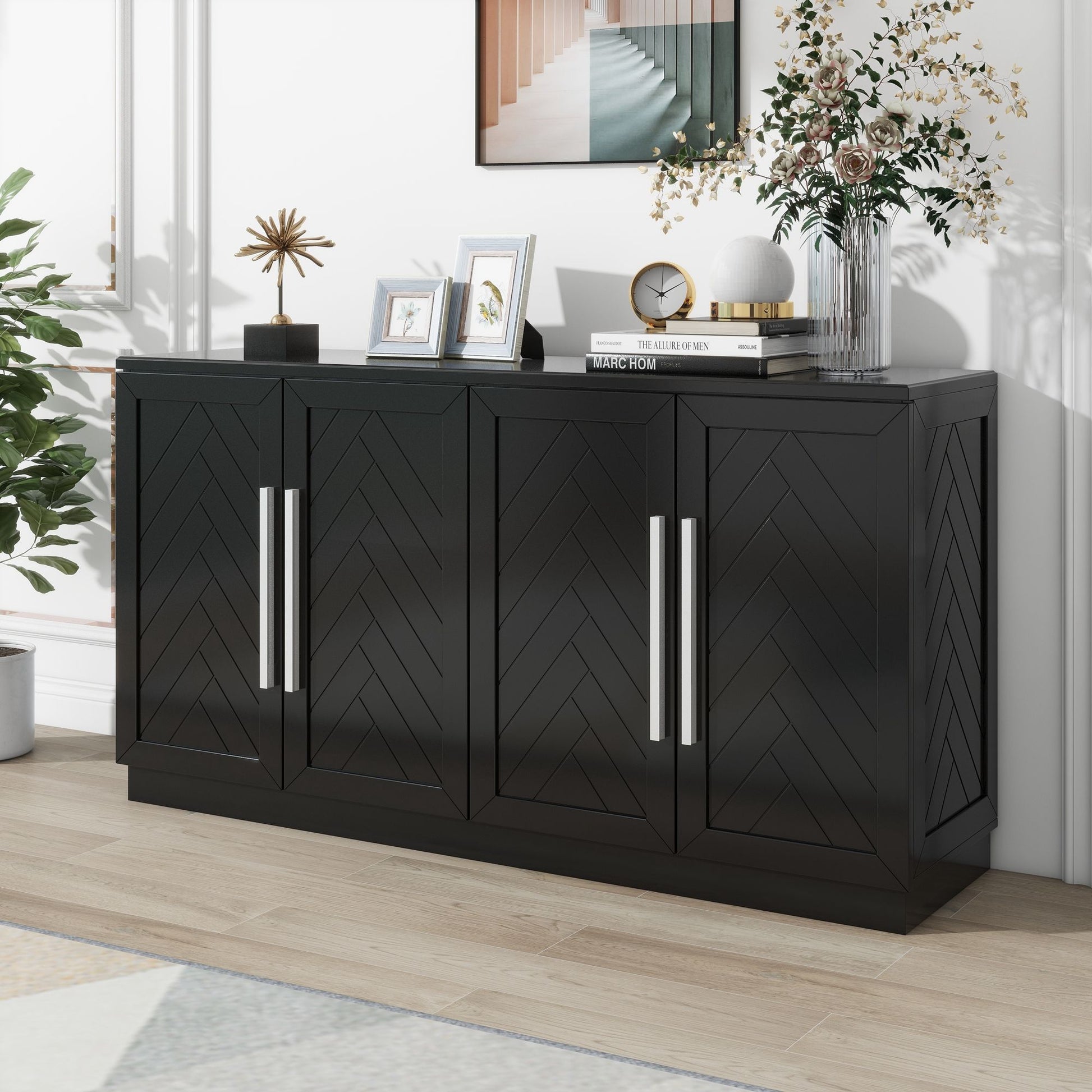 Modern 4-door buffet sideboard with silver handles